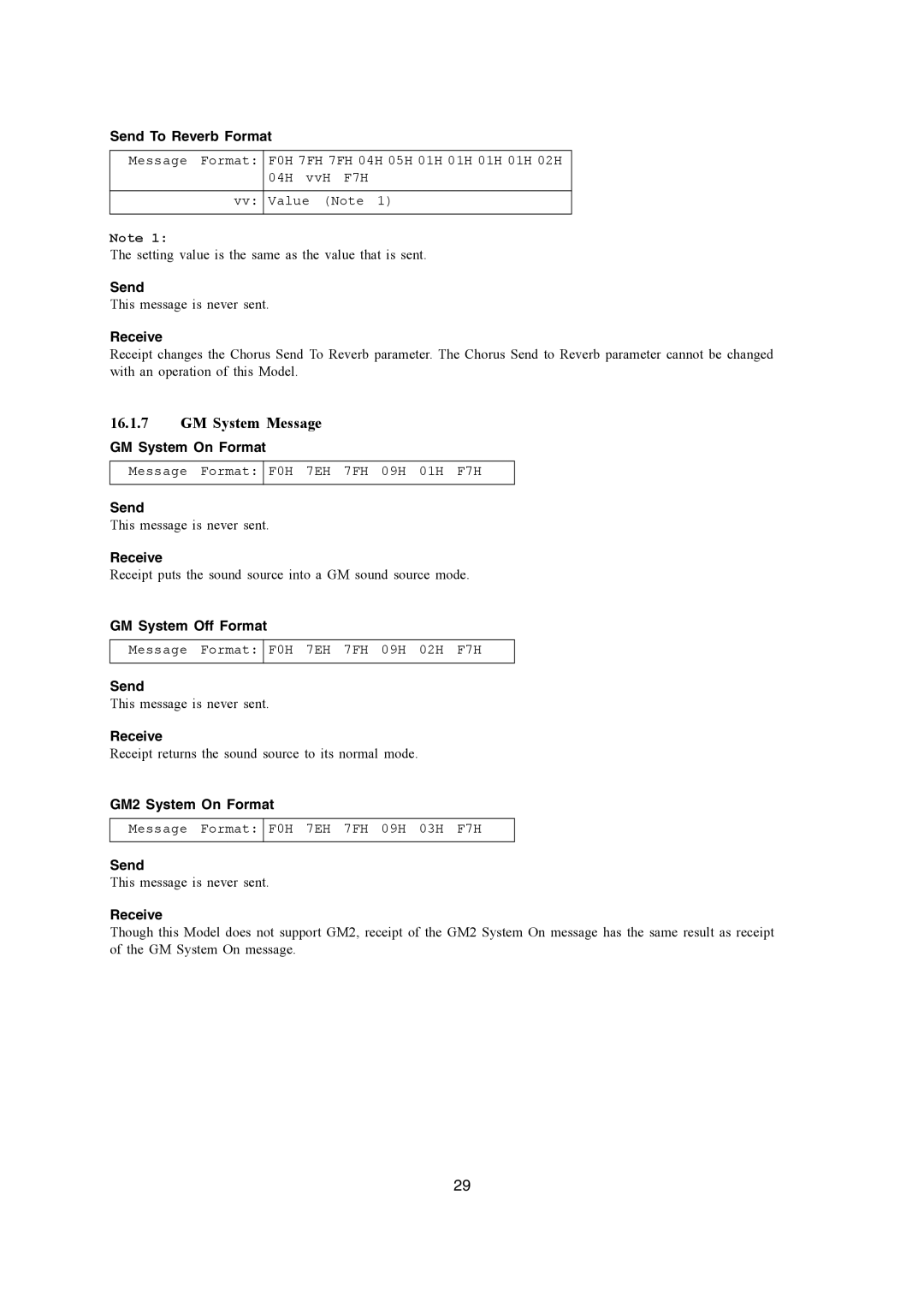 Casio WK-3700 GM System Message, Send To Reverb Format, GM System On Format, GM System Off Format, GM2 System On Format 