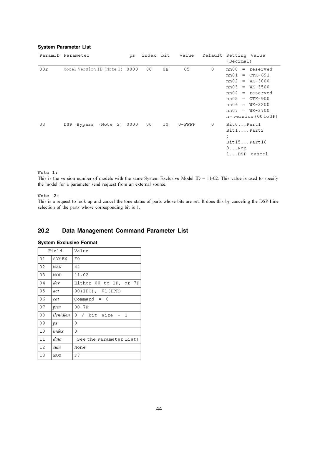 Casio WK-3700, WK-3200, CTK-900 manual Data Management Command Parameter List, System Parameter List 