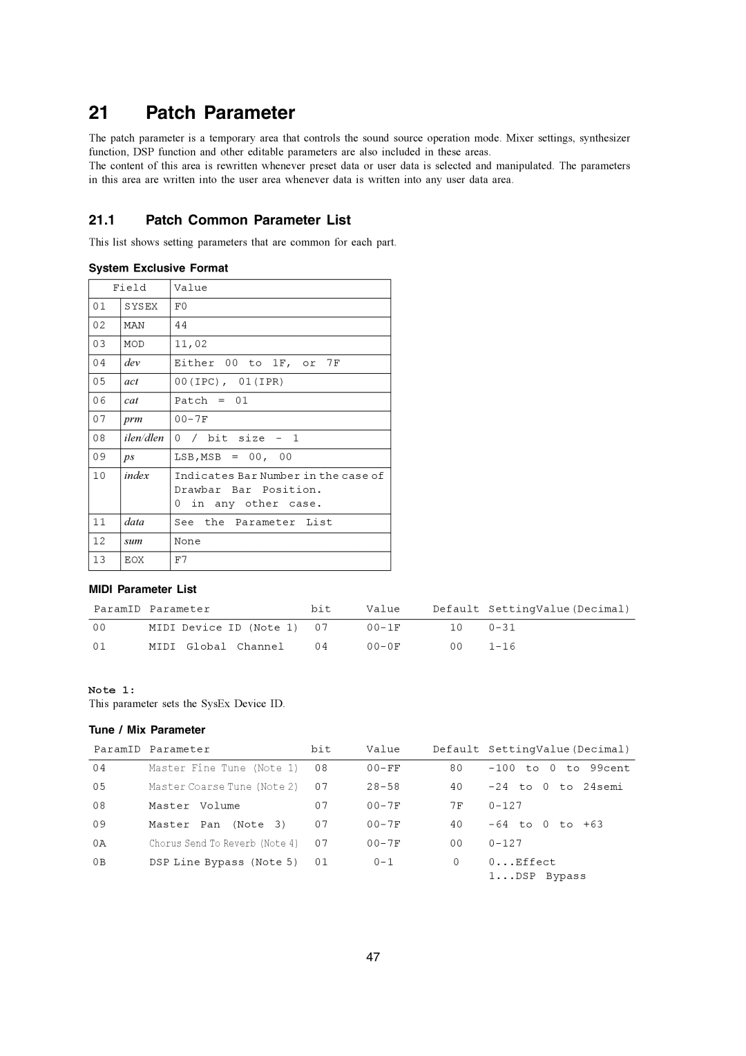 Casio WK-3700, WK-3200, CTK-900 manual Patch Parameter, Patch Common Parameter List, Tune / Mix Parameter 