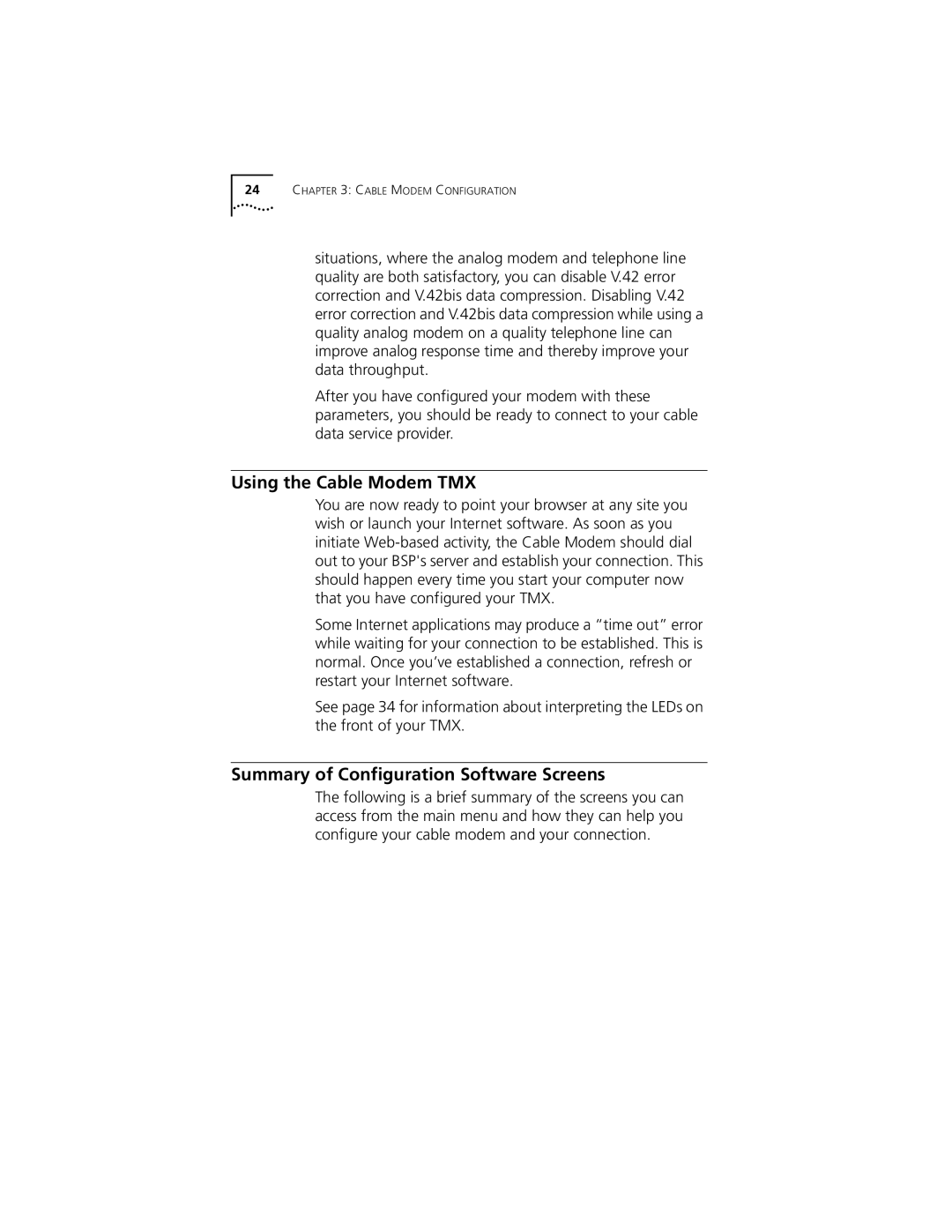 Castelle 10031161 manual Using the Cable Modem TMX, Summary of Configuration Software Screens 