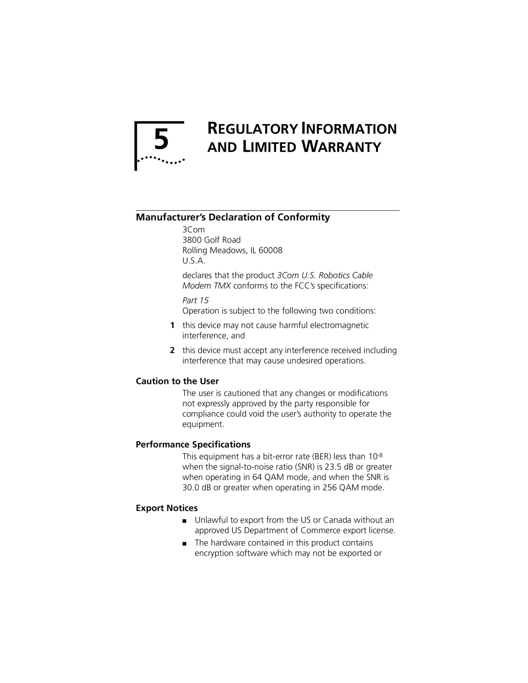 Castelle 10031161 manual Manufacturer’s Declaration of Conformity, Performance Specifications, Export Notices 