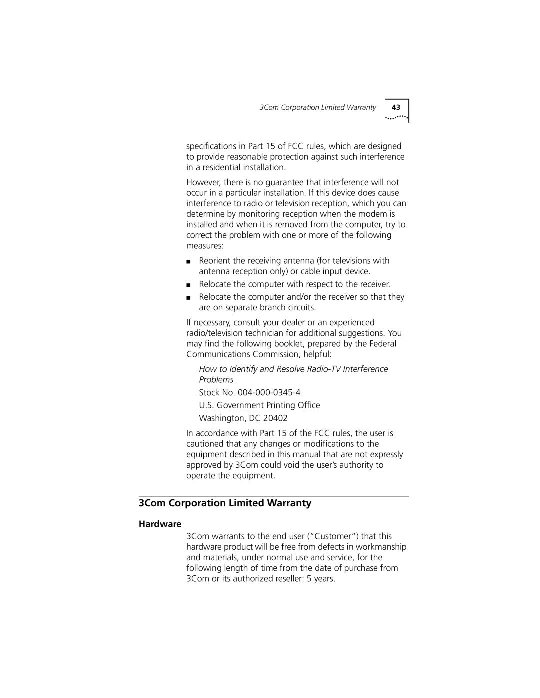 Castelle 10031161 manual 3Com Corporation Limited Warranty, Hardware 