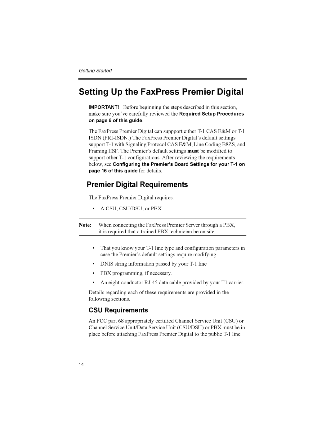 Castelle 61-1260-001A manual Setting Up the FaxPress Premier Digital, Premier Digital Requirements, CSU Requirements 