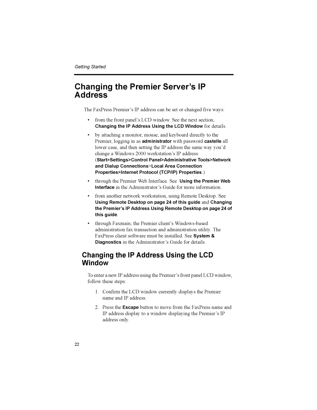 Castelle 61-1260-001A manual Changing the Premier Server’s IP Address, Changing the IP Address Using the LCD Window 