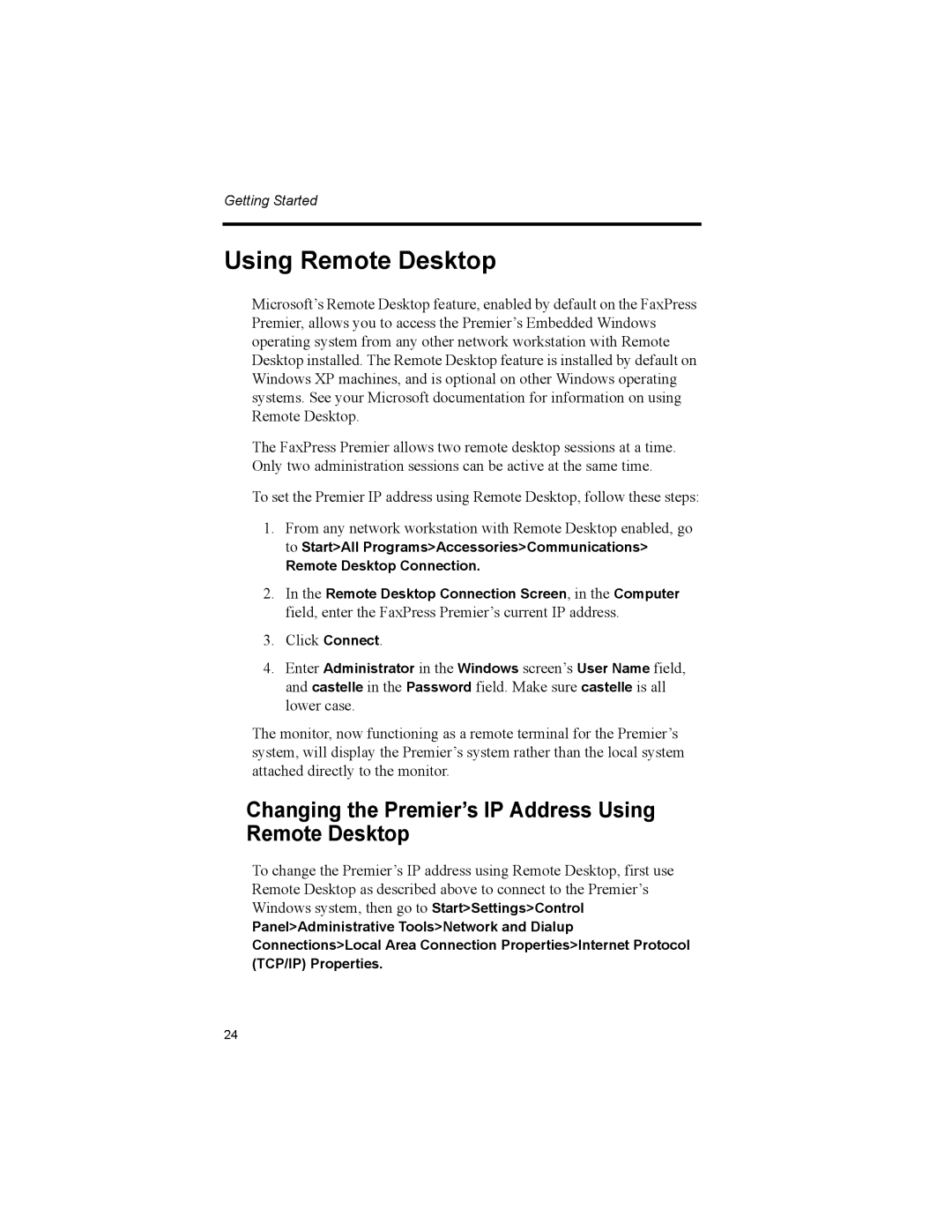 Castelle 61-1260-001A manual Using Remote Desktop 