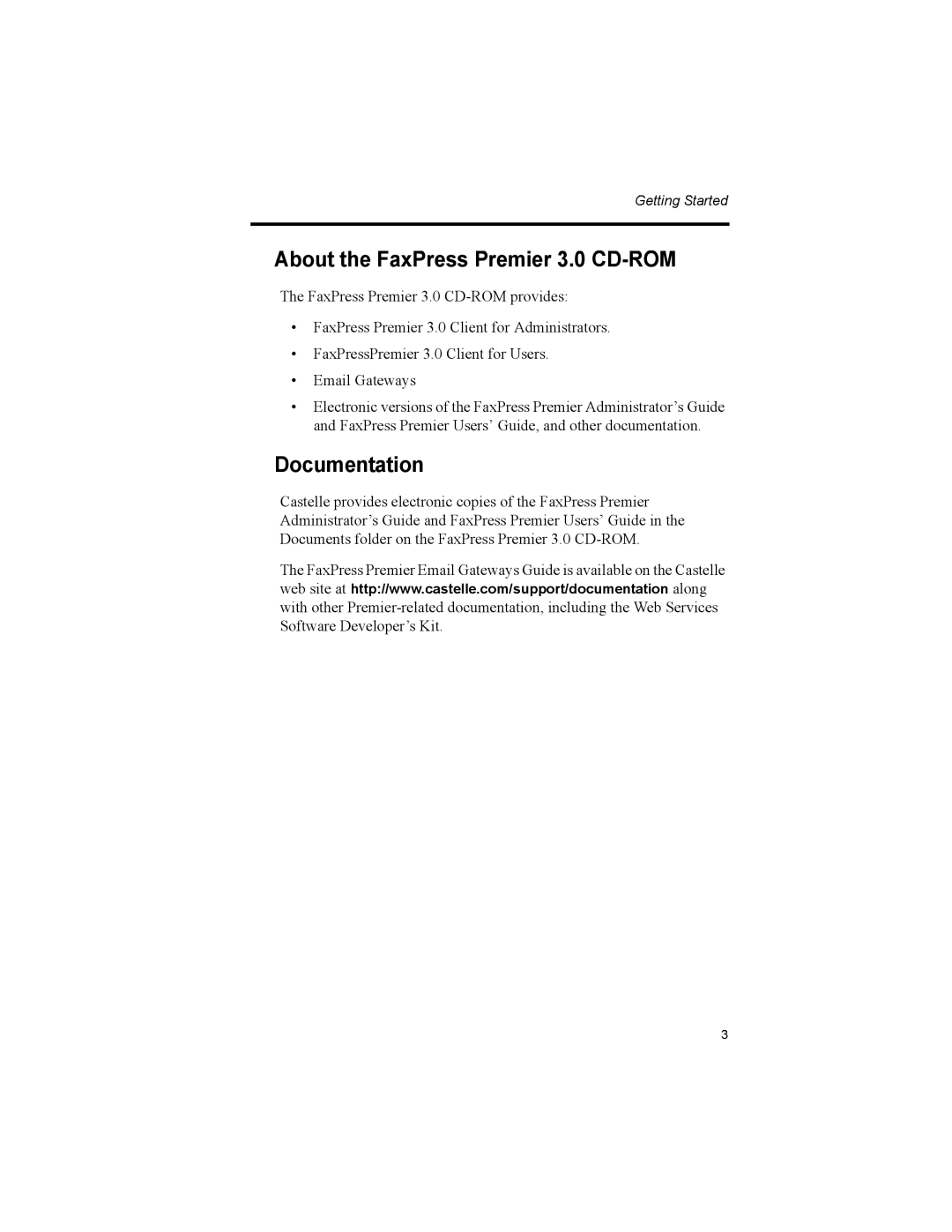 Castelle 61-1260-001A manual About the FaxPress Premier 3.0 CD-ROM, Documentation 