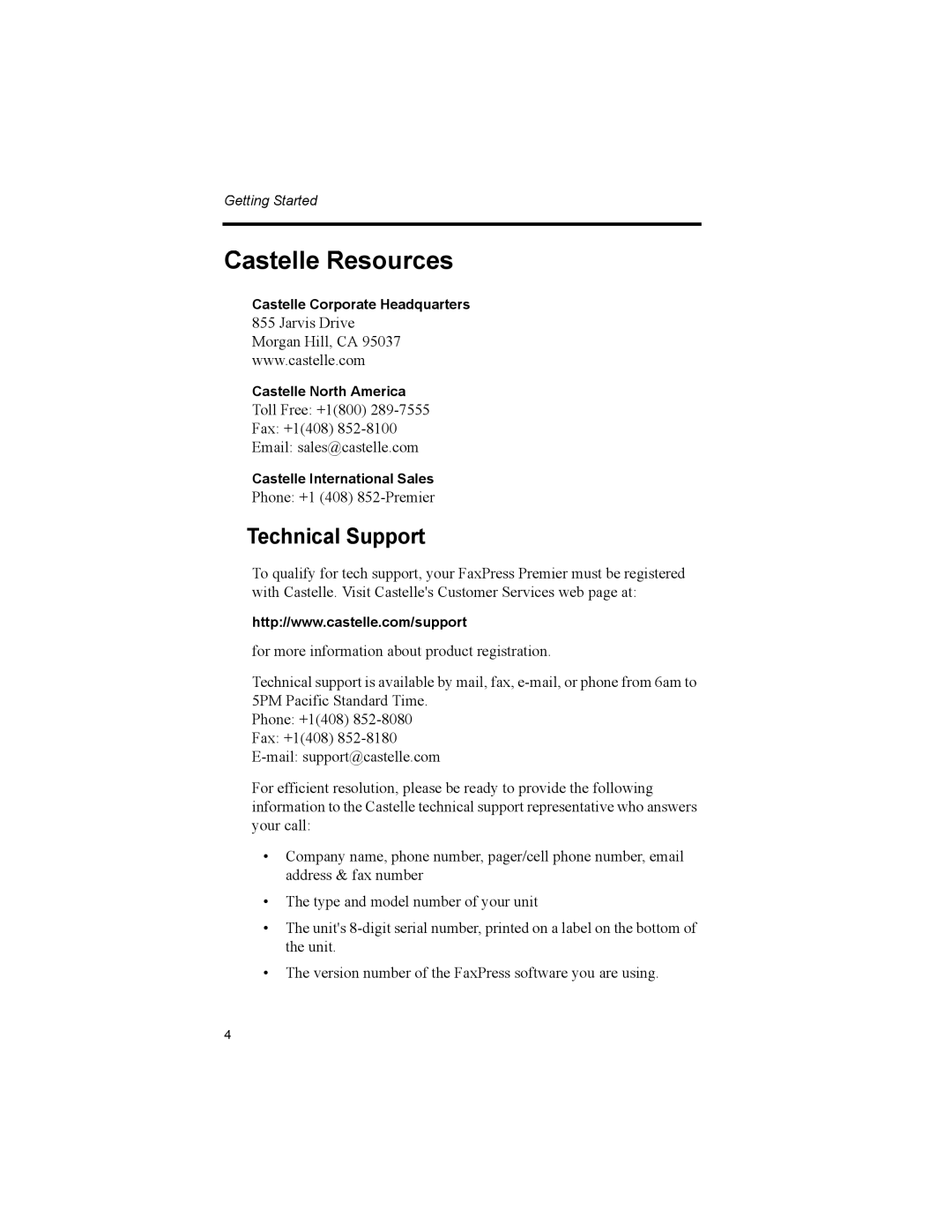 Castelle 61-1260-001A manual Castelle Resources, Technical Support 