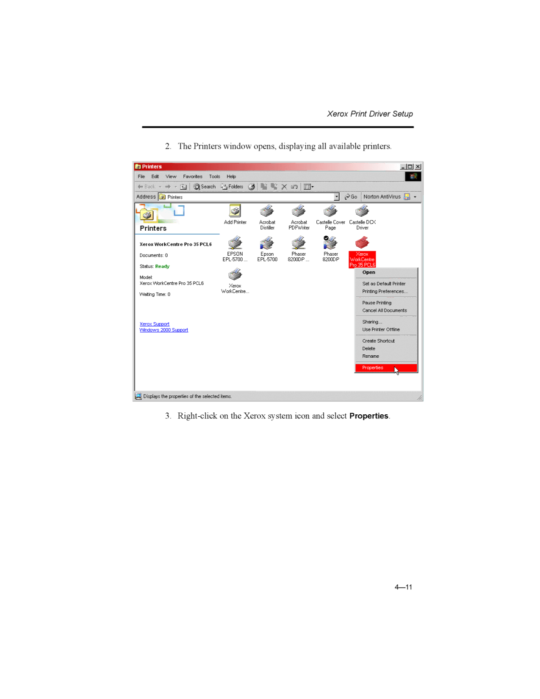 Castelle 61-1273-001 manual Xerox Print Driver Setup 