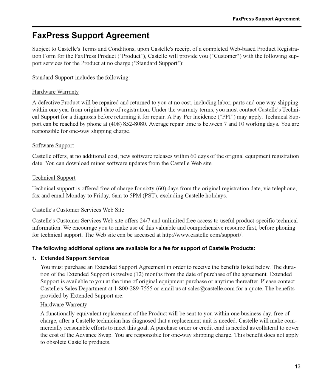 Castelle manual FaxPress Support Agreement, Extended Support Services 