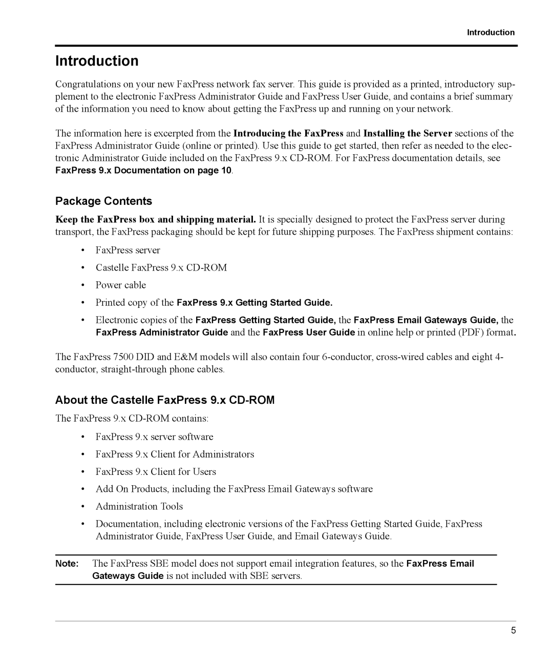 Castelle manual Introduction, Package Contents, About the Castelle FaxPress 9.x CD-ROM 