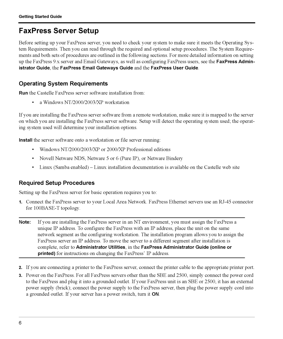 Castelle manual FaxPress Server Setup, Operating System Requirements, Required Setup Procedures 