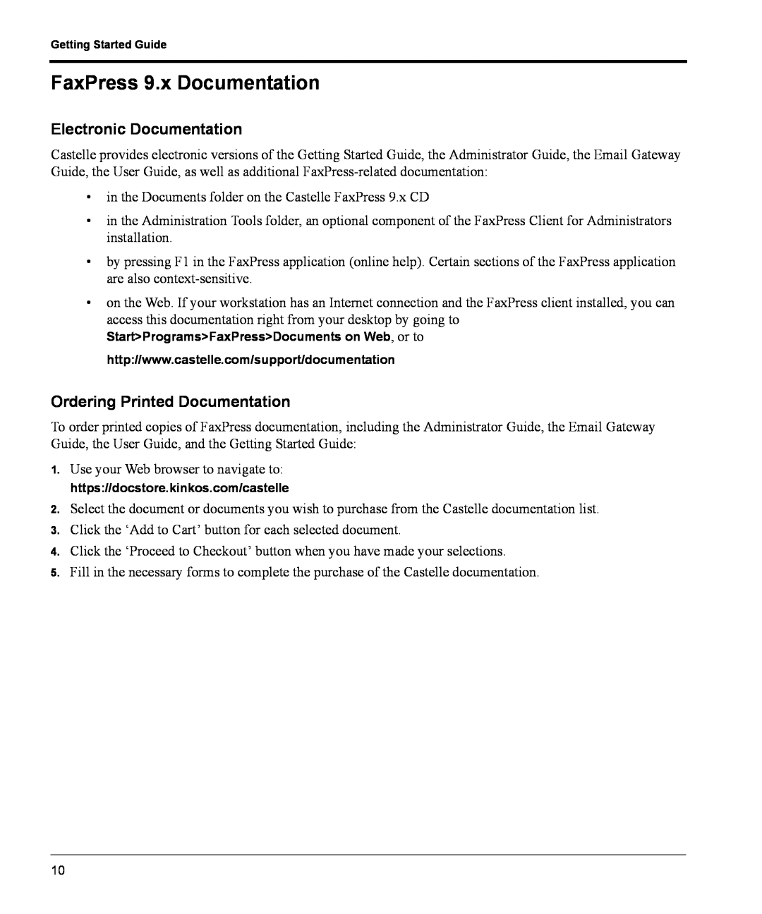 Castelle manual FaxPress 9.x Documentation, Electronic Documentation, Ordering Printed Documentation 