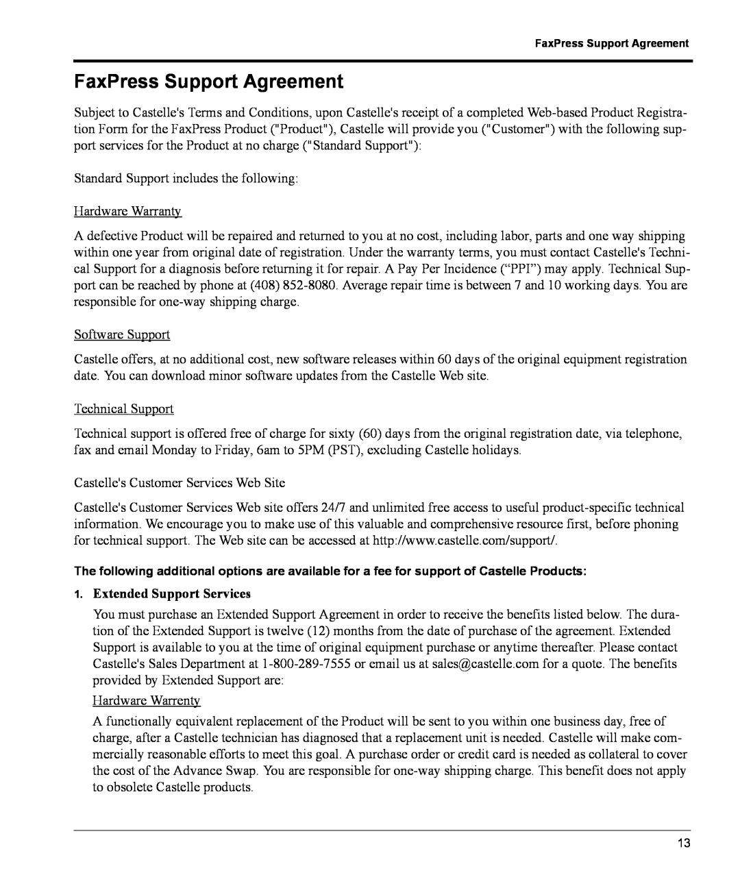 Castelle manual FaxPress Support Agreement, Extended Support Services 