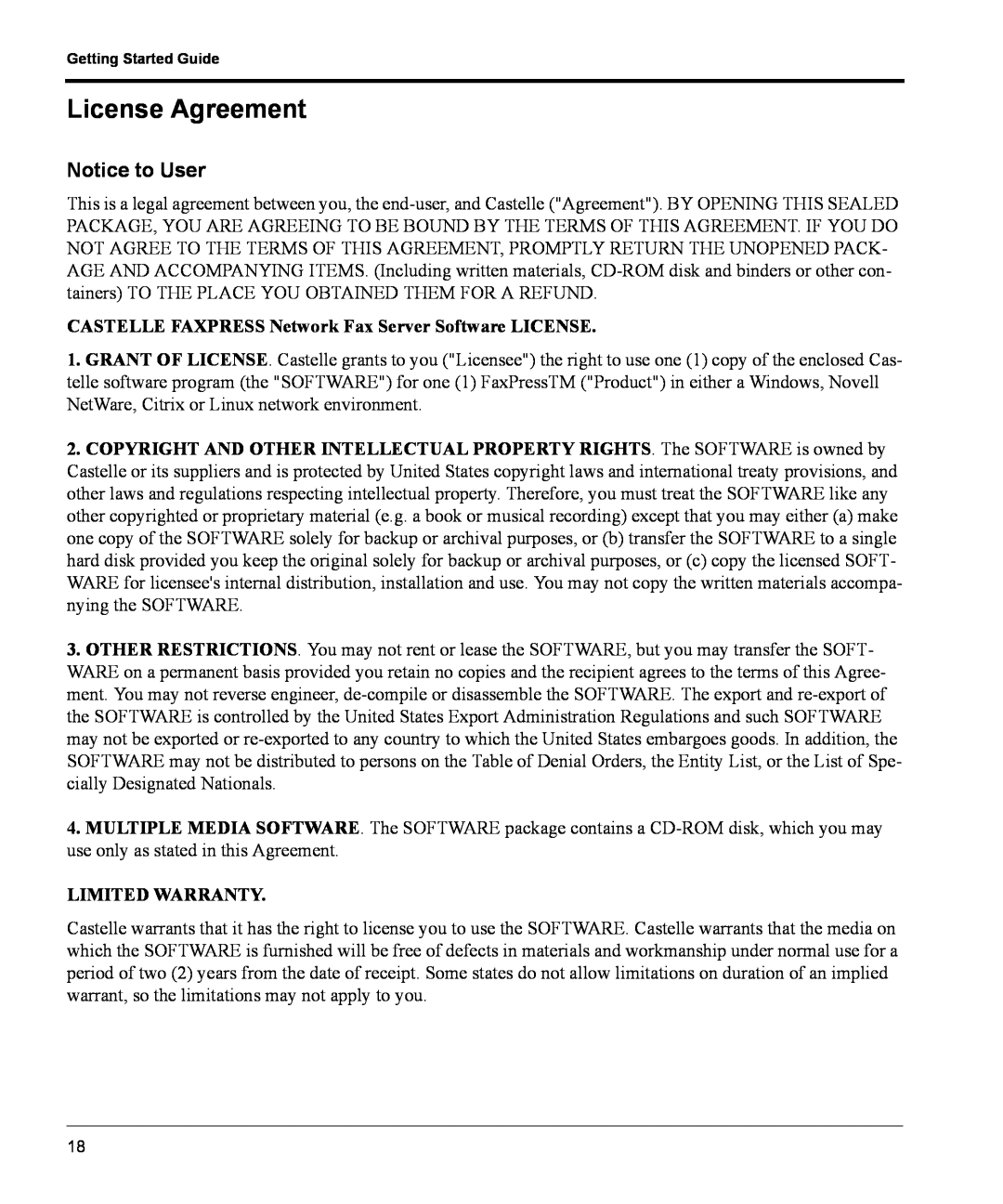 Castelle FaxPress manual License Agreement, Notice to User 