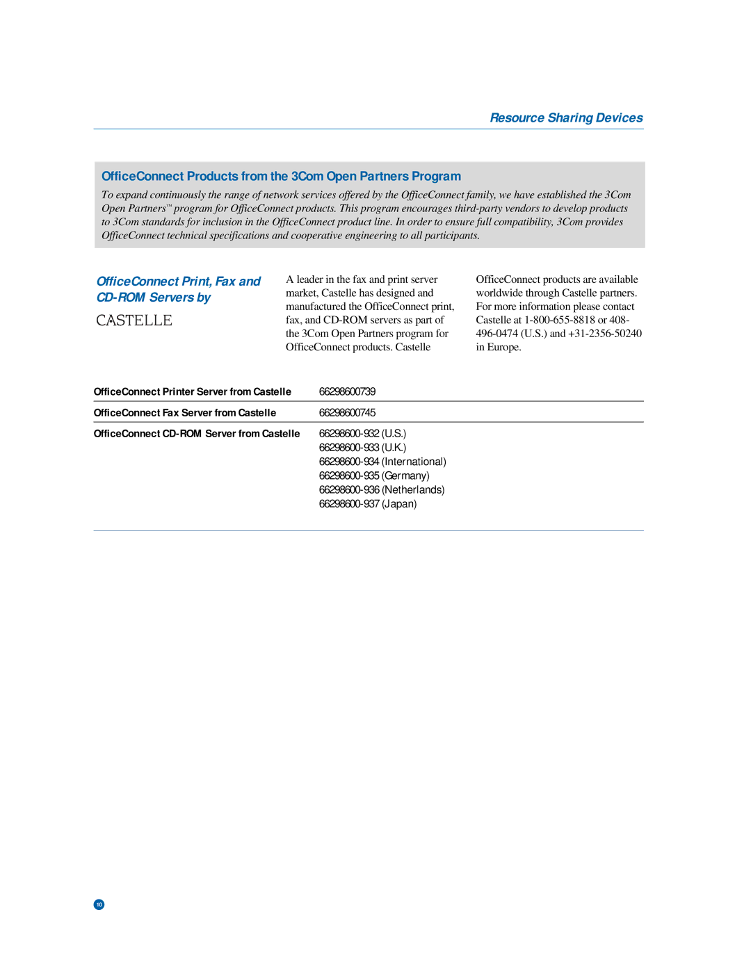 Castelle Office Connect warranty Resource Sharing Devices, OfficeConnect Products from the 3Com Open Partners Program 