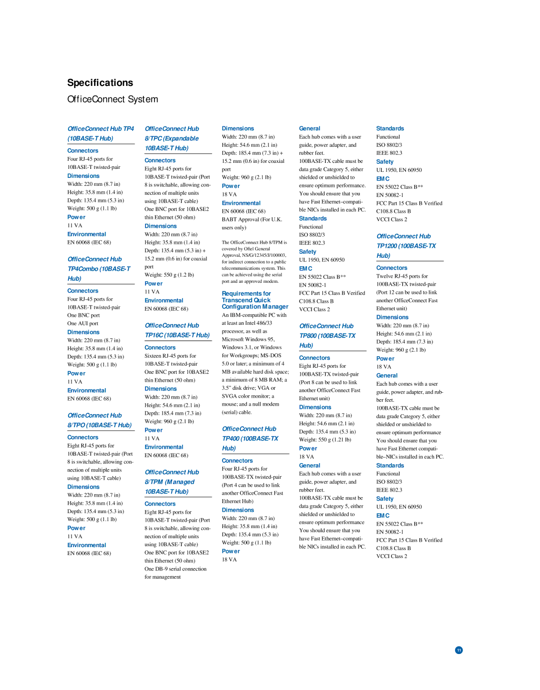 Castelle Office Connect warranty Specifications 