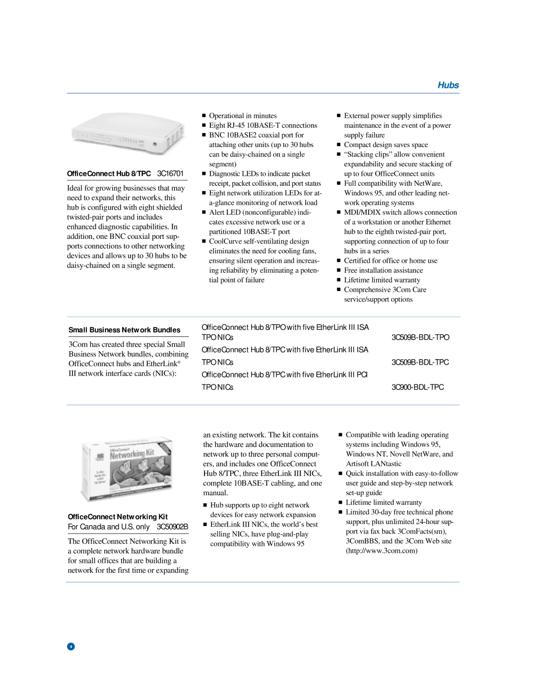 Castelle Office Connect warranty Hubs, TPO NICs, OfficeConnect Networking Kit, OfficeConnect Hub 8/TPC 3C16701 