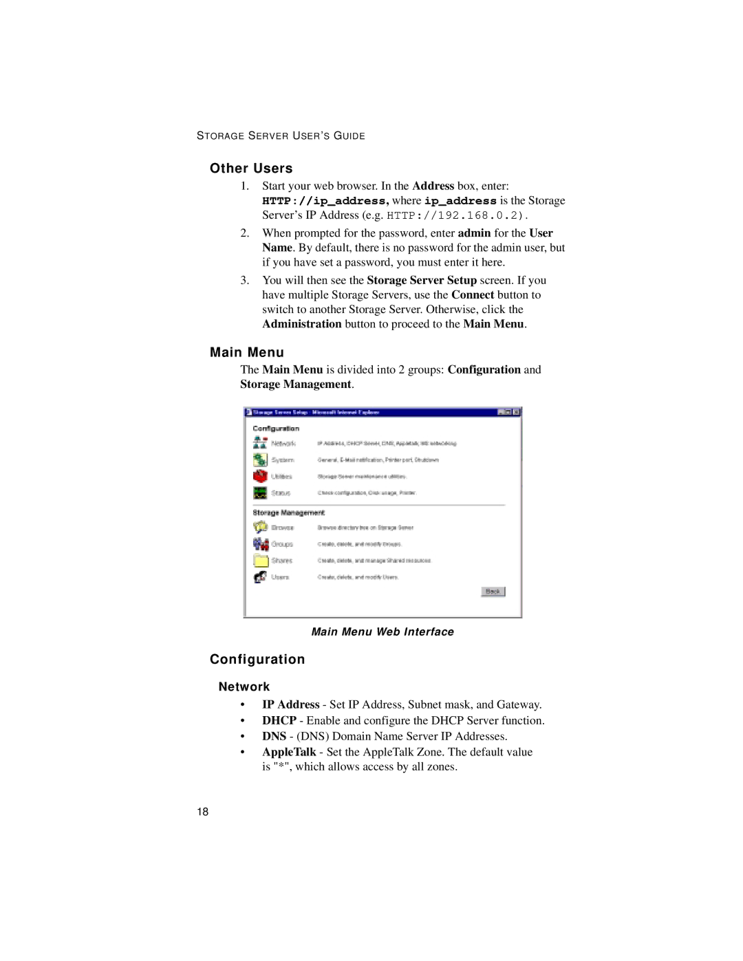 Castelle OfficeDirect Storage Server manual Other Users, Main Menu, Configuration 