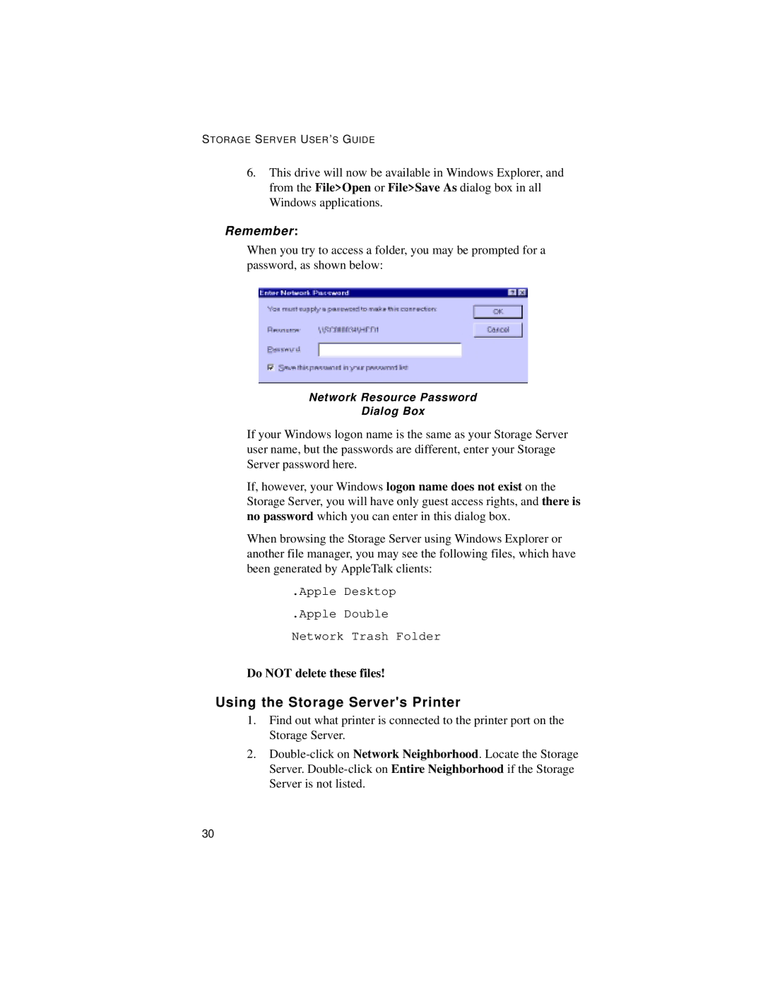 Castelle OfficeDirect Storage Server manual Using the Storage Servers Printer, Do not delete these files 