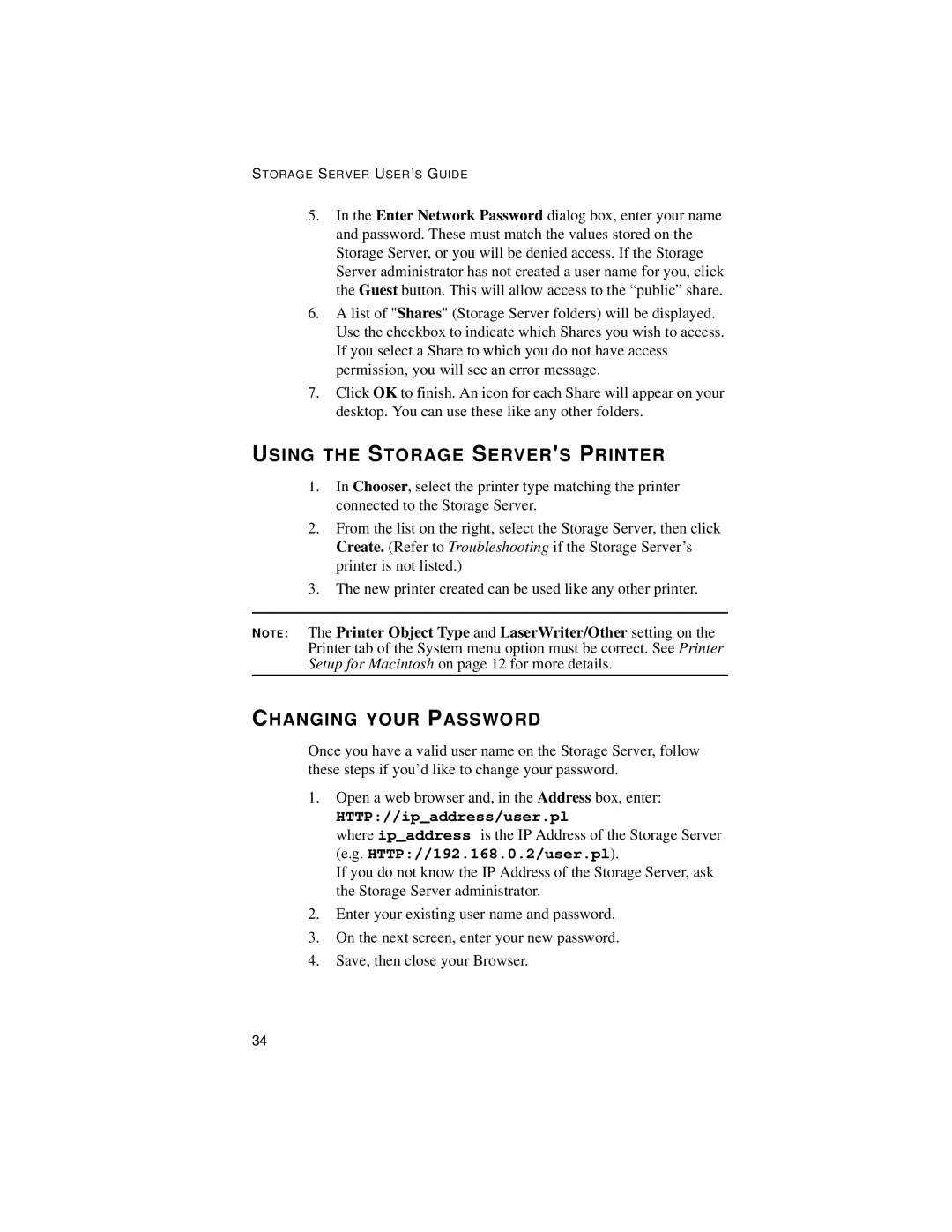 Castelle OfficeDirect Storage Server manual Using the Storage Servers Printer, Changing Your Password 