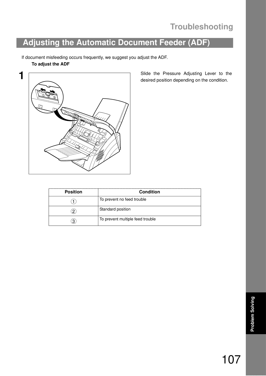 Castelle UF-490 appendix 107, Adjusting the Automatic Document Feeder ADF, To adjust the ADF, Position Condition 