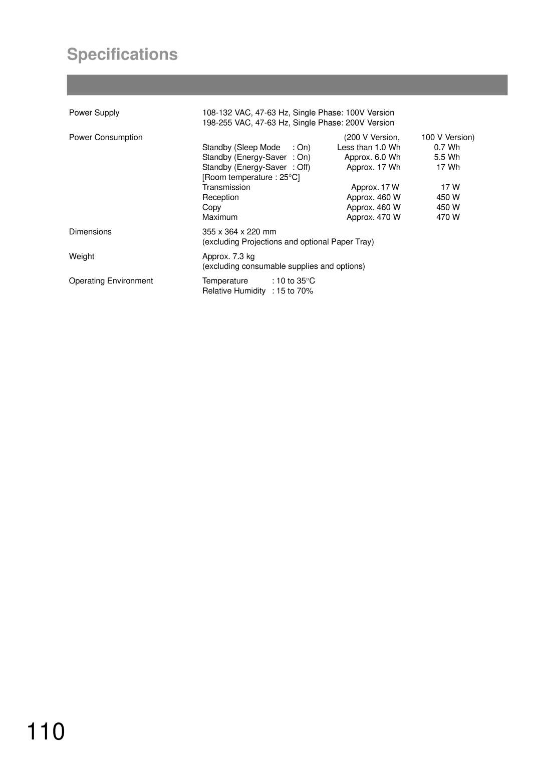 Castelle UF-490 appendix 110, Specifications 