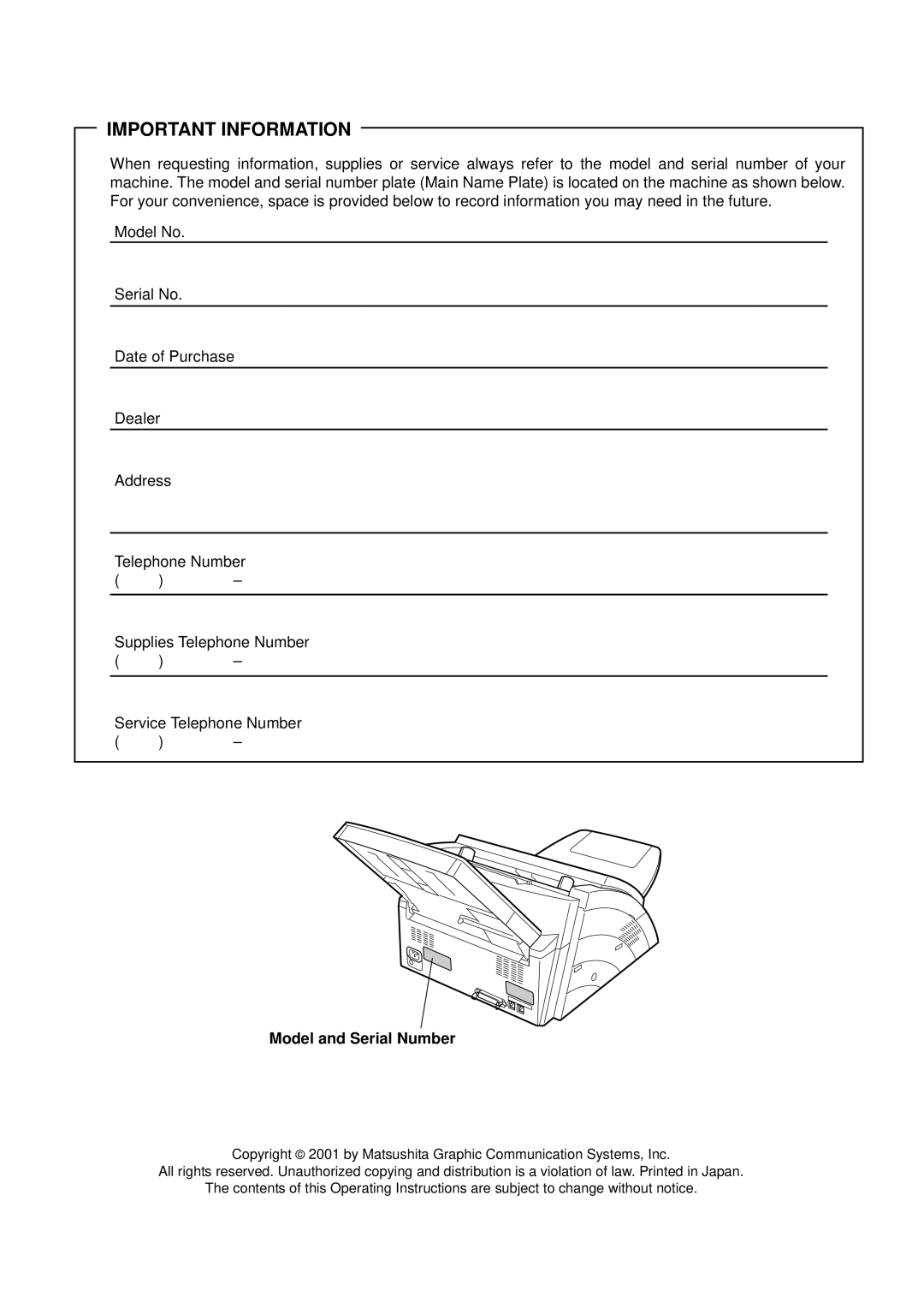 Castelle UF-490 appendix Important Information, Model and Serial Number 