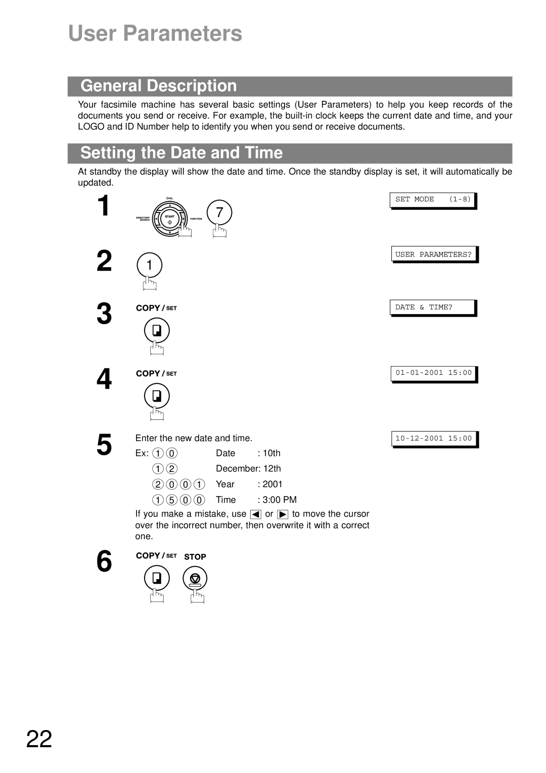 Castelle UF-490 appendix User Parameters, General Description, Setting the Date and Time 