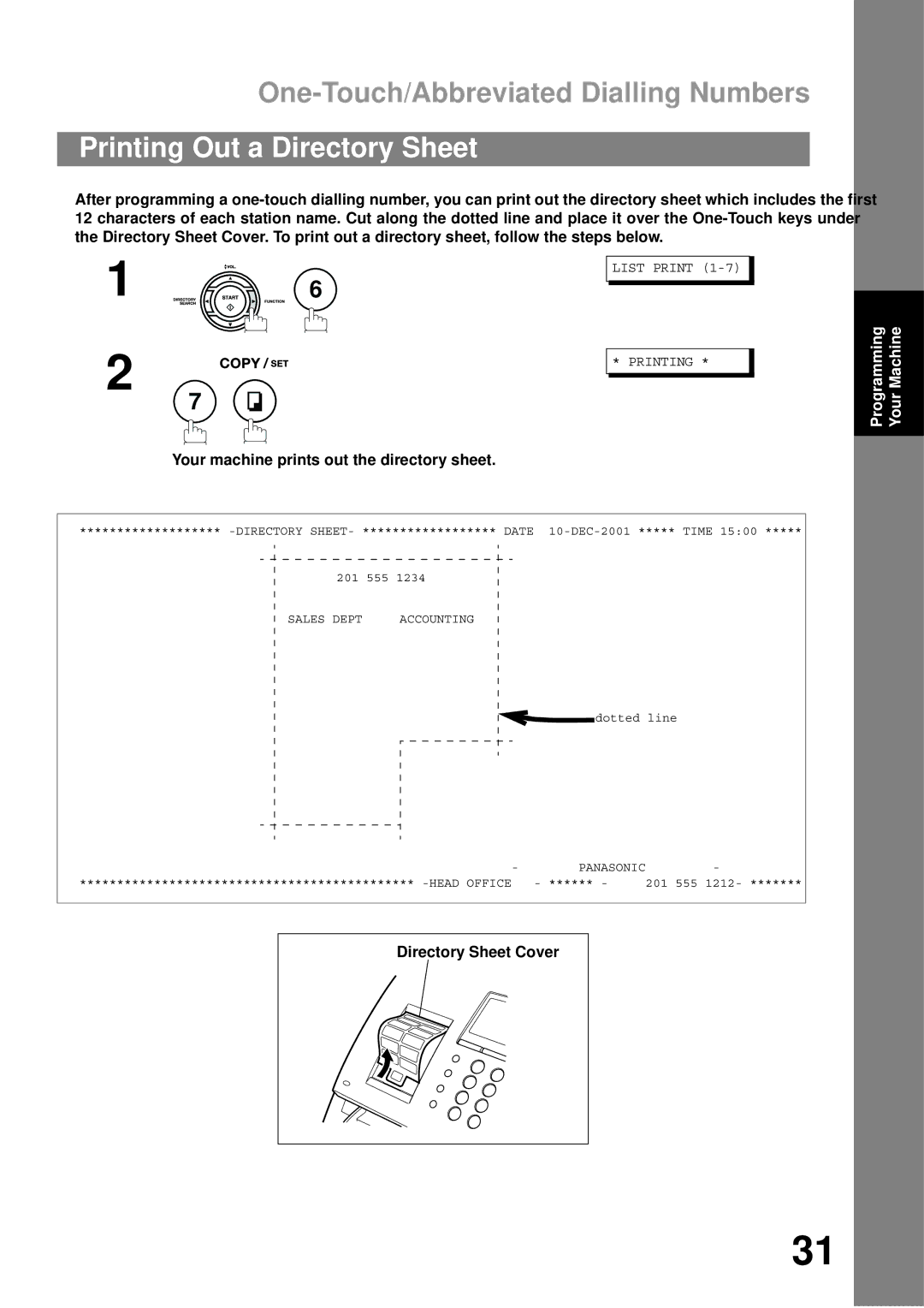 Castelle UF-490 appendix Printing Out a Directory Sheet, Your machine prints out the directory sheet, Directory Sheet Cover 