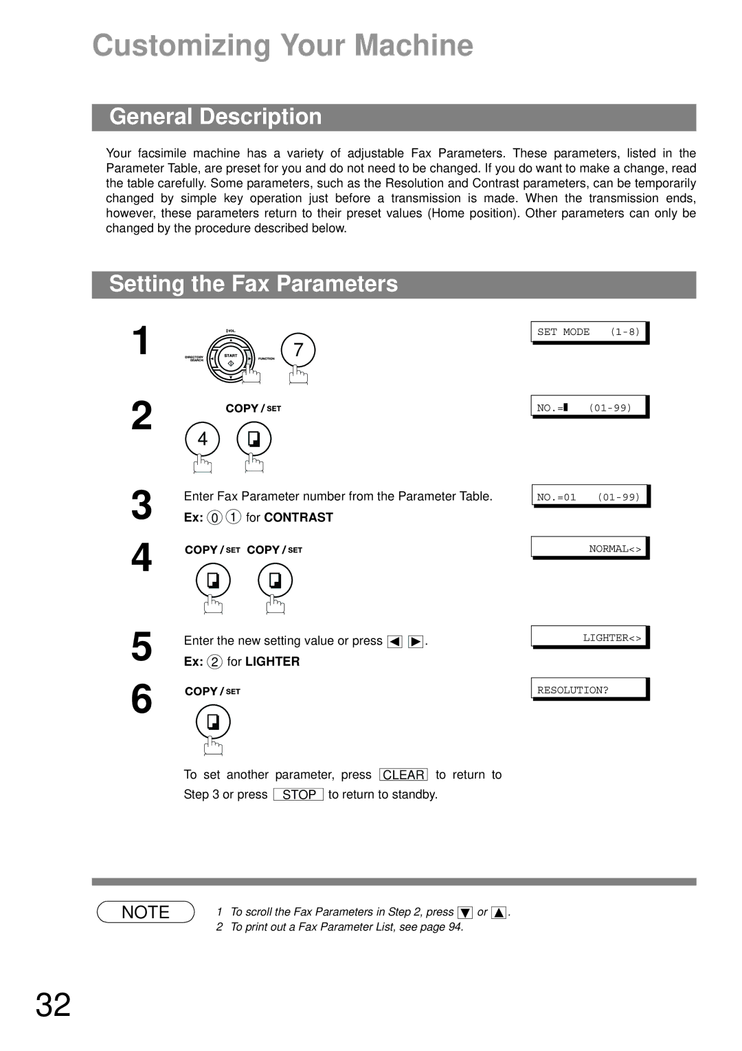 Castelle UF-490 appendix Customizing Your Machine, Setting the Fax Parameters, Ex 0 1 for Contrast, Ex 2 for Lighter 