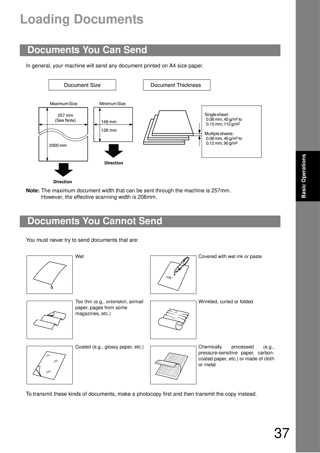 Castelle UF-490 appendix Loading Documents, Documents You Can Send, Documents You Cannot Send 