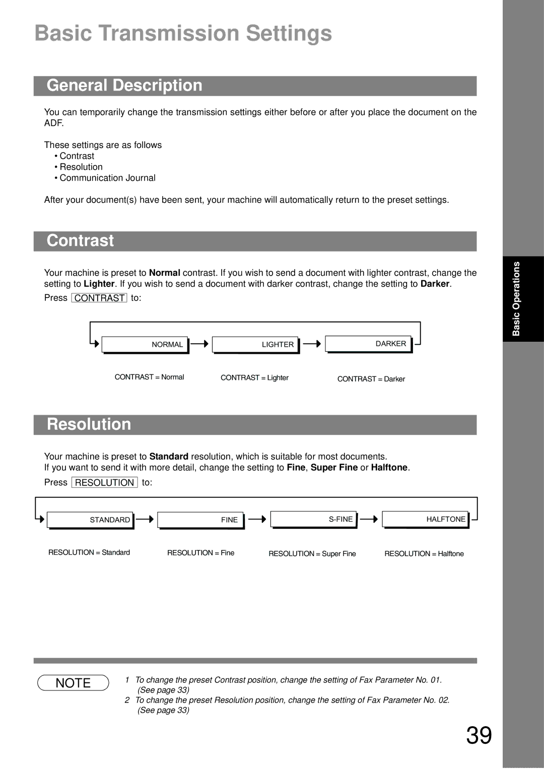 Castelle UF-490 appendix Basic Transmission Settings, Contrast, Resolution 