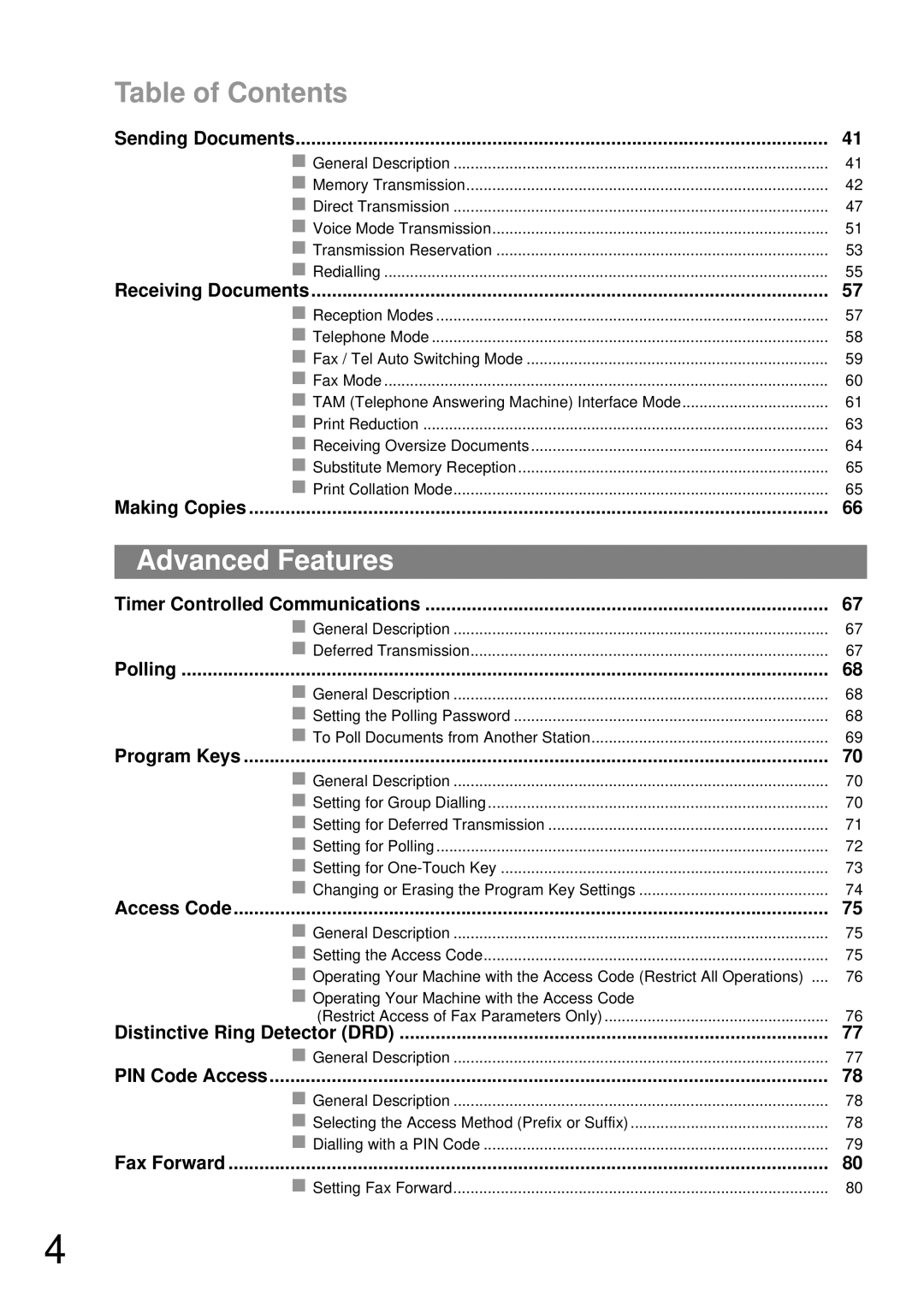 Castelle UF-490 appendix Advanced Features, Table of Contents 