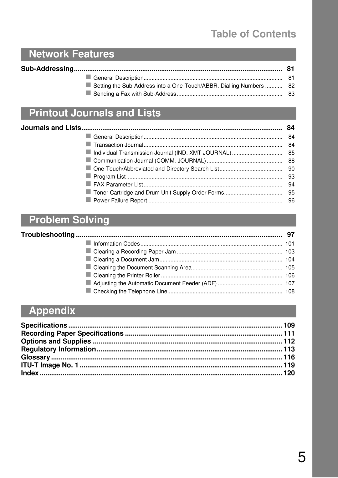 Castelle UF-490 appendix Table of Contents, Network Features, Printout Journals and Lists, Problem Solving, Appendix 