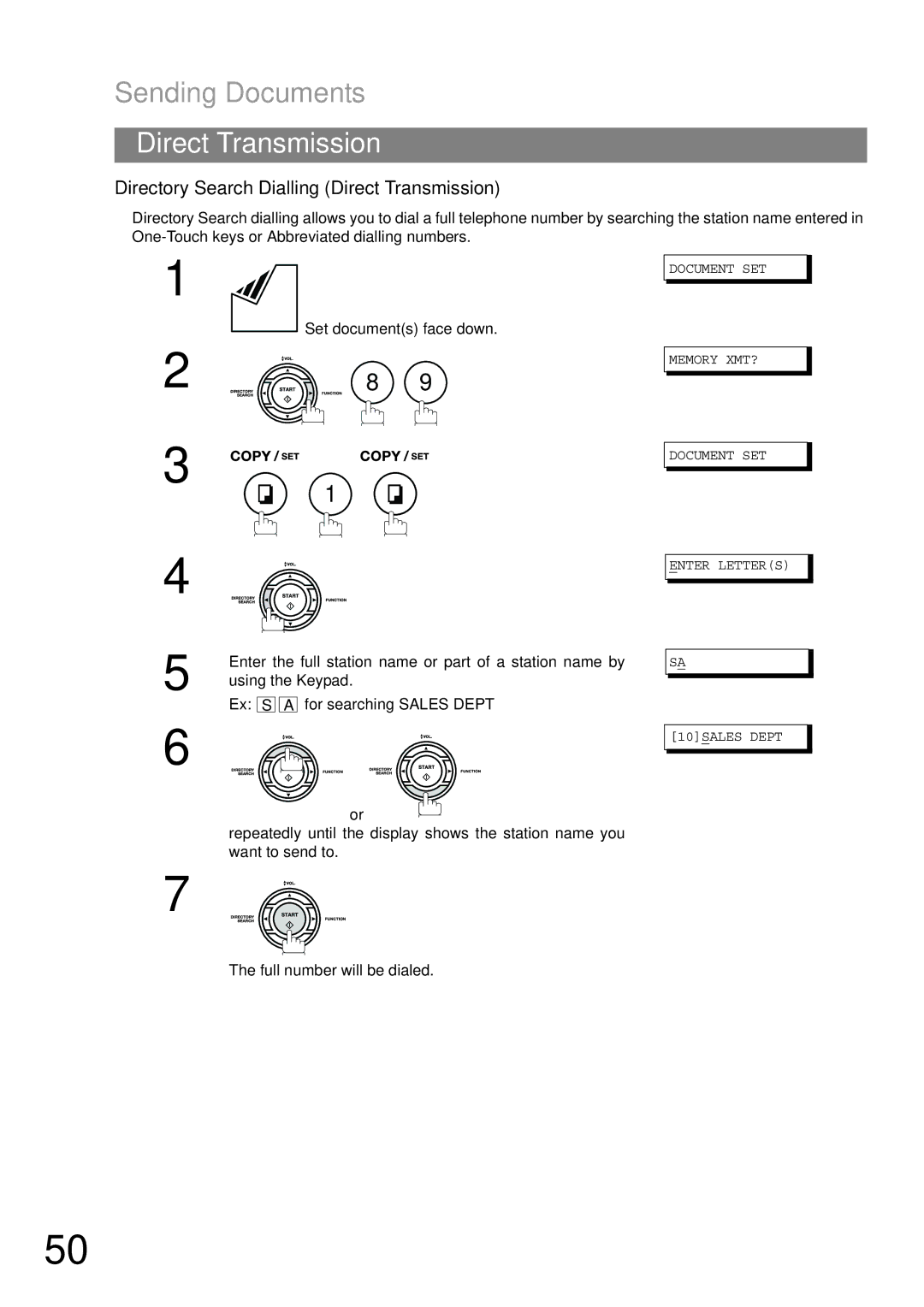 Castelle UF-490 appendix Directory Search Dialling Direct Transmission, Set documents face down, Using the Keypad 