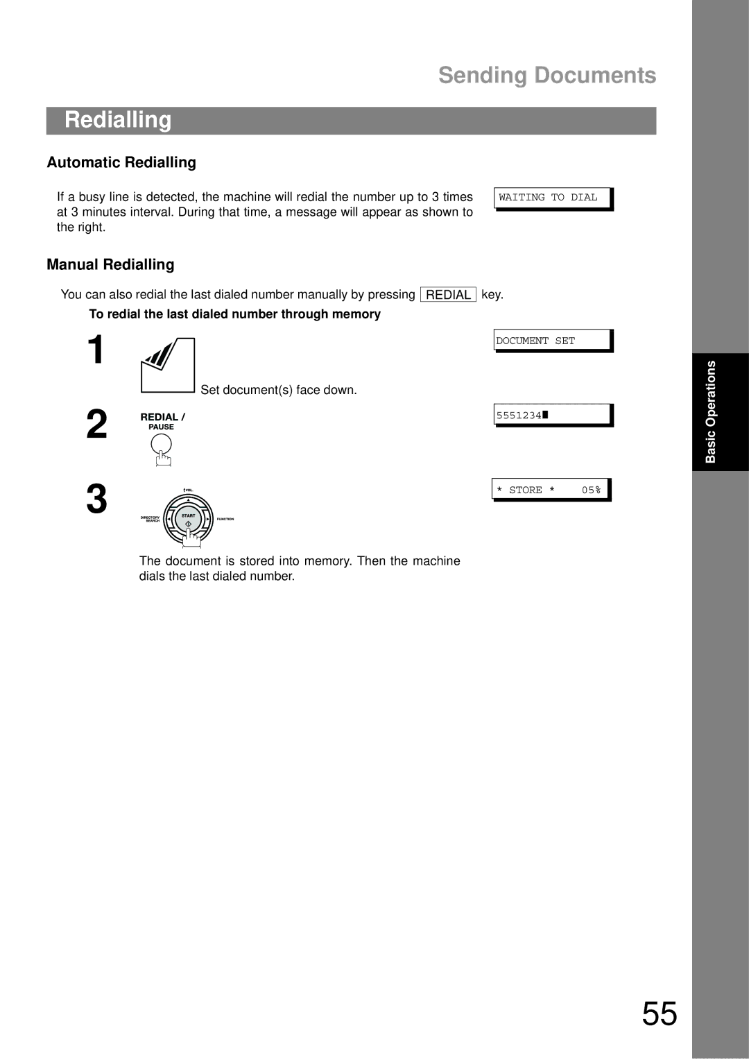 Castelle UF-490 appendix Automatic Redialling, Manual Redialling, To redial the last dialed number through memory 