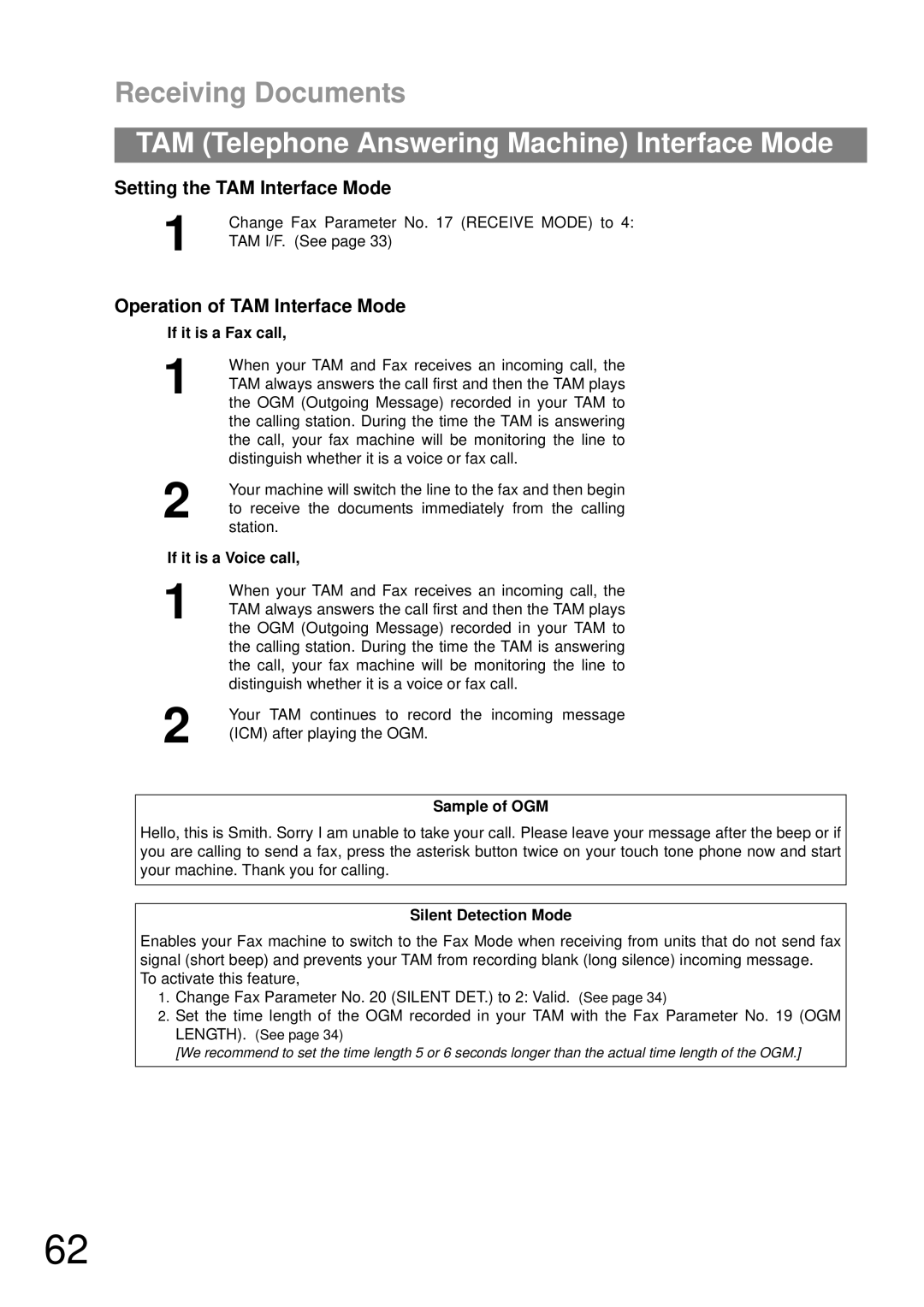 Castelle UF-490 appendix Setting the TAM Interface Mode, Operation of TAM Interface Mode, TAM I/F. See, Sample of OGM 