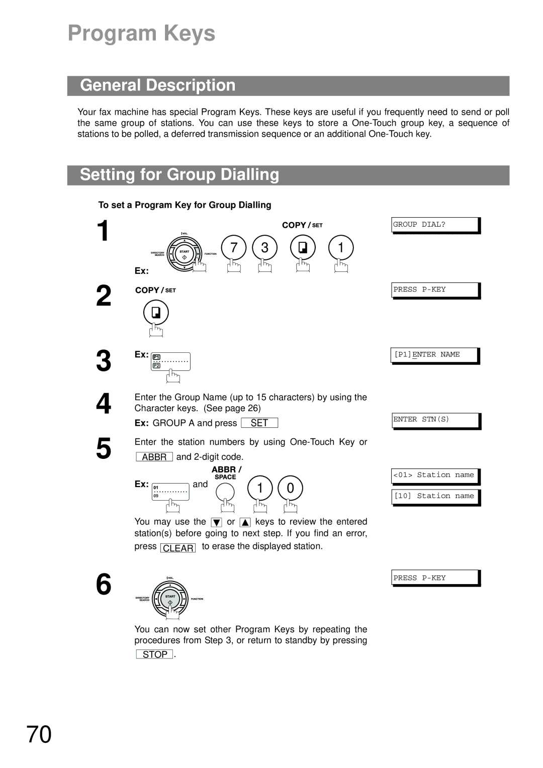 Castelle UF-490 appendix Program Keys, Setting for Group Dialling, To set a Program Key for Group Dialling 