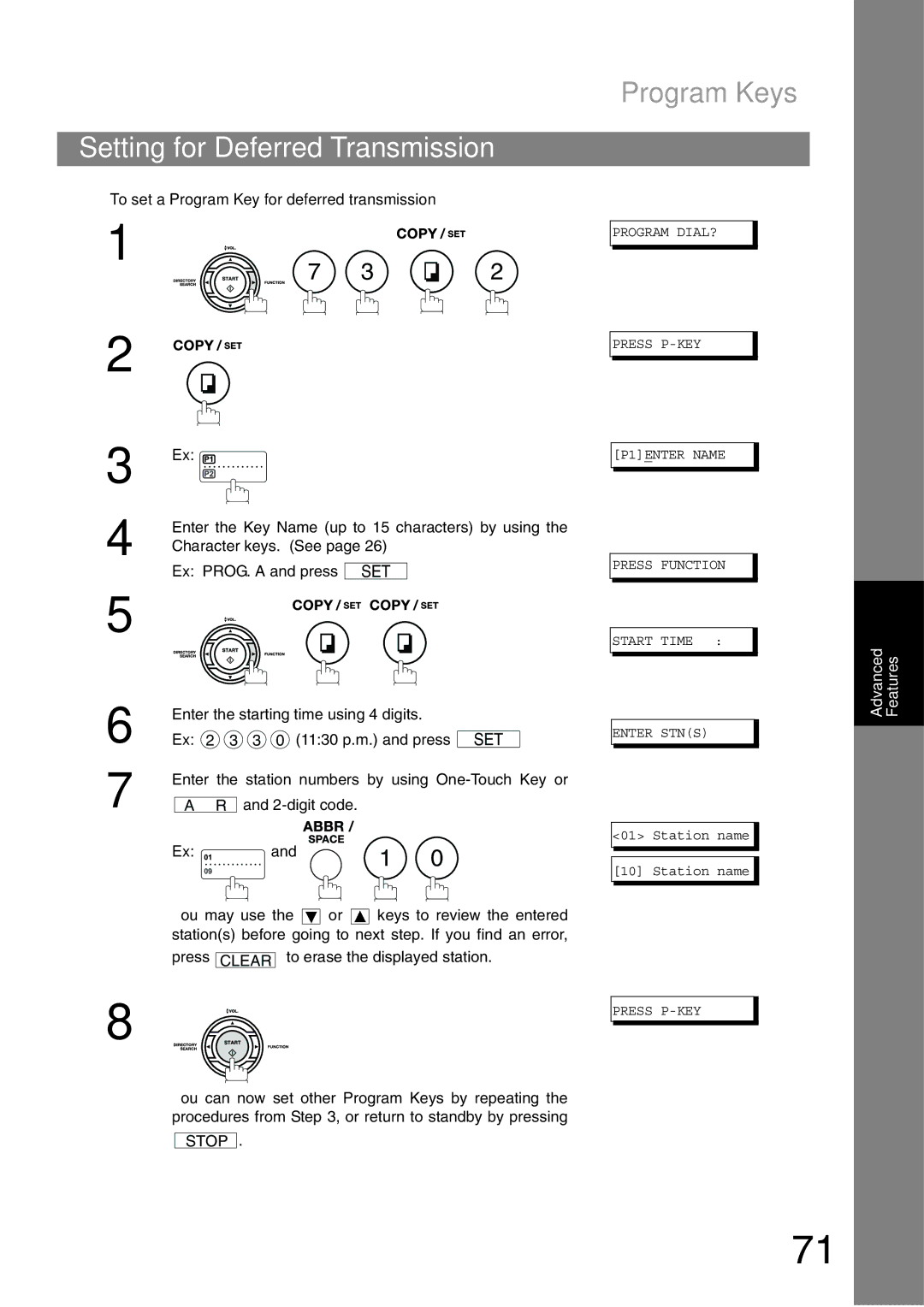 Castelle UF-490 Setting for Deferred Transmission, Program Keys, To set a Program Key for deferred transmission, Ex 2 