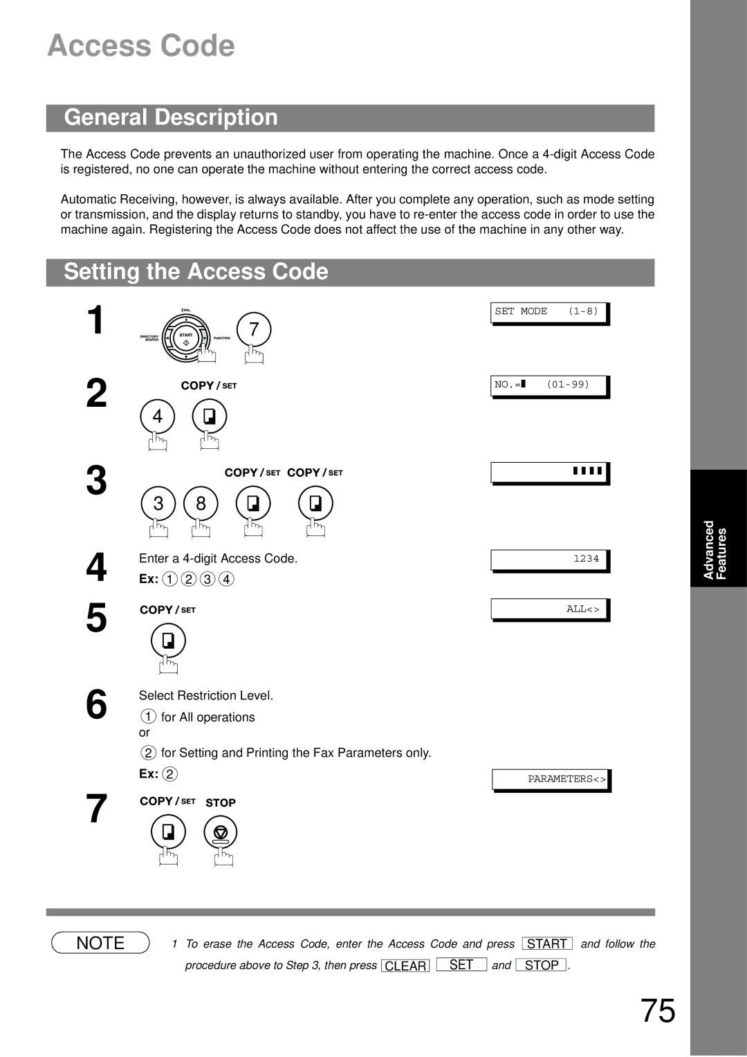 Castelle UF-490 appendix Setting the Access Code 