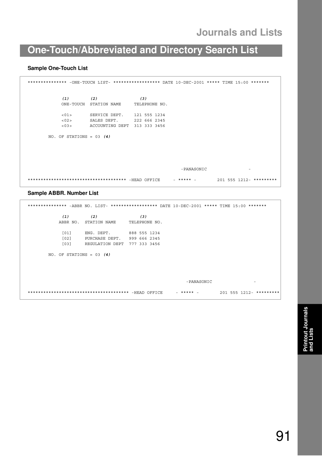 Castelle UF-490 appendix Sample One-Touch List, Sample ABBR. Number List 