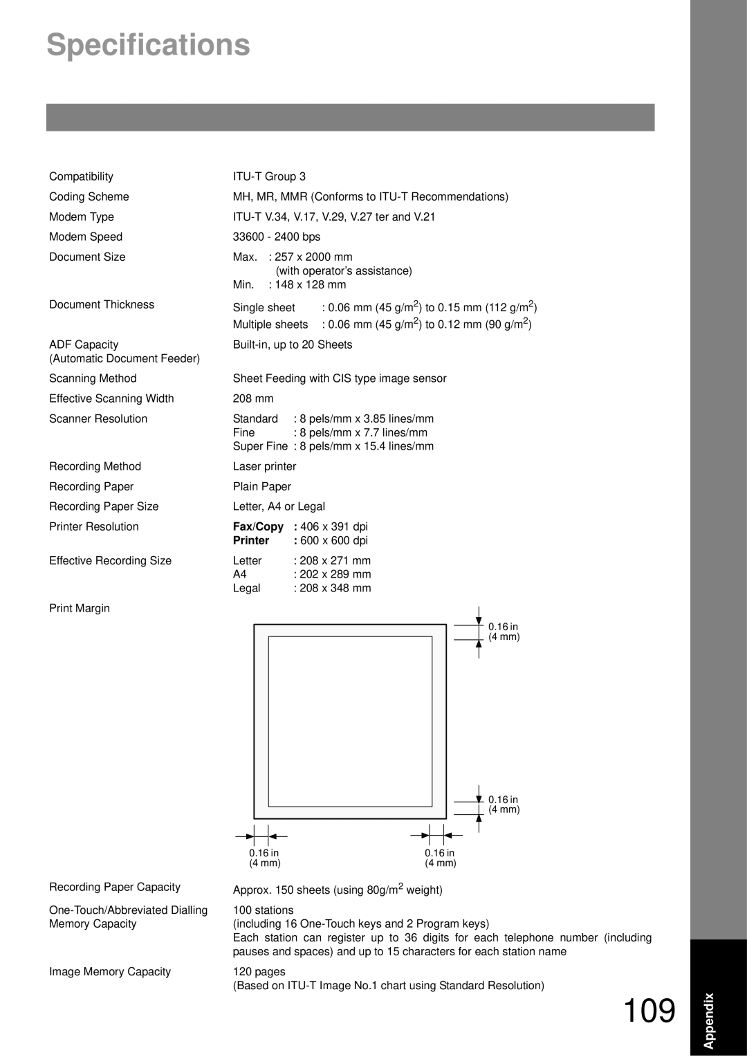 Castelle UF-490 appendix Specifications, Fax/Copy, Printer 