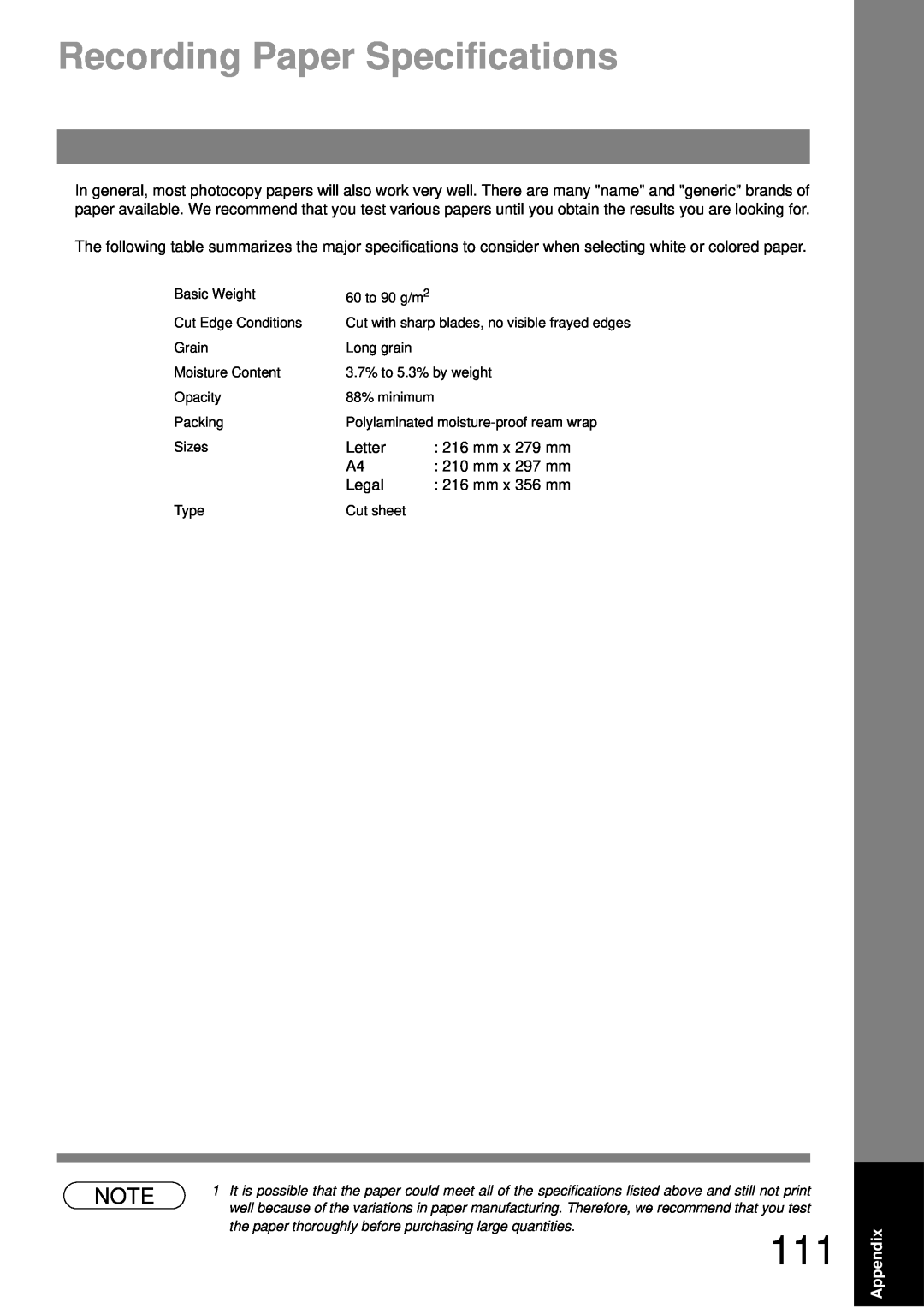 Castelle UF-490 appendix Recording Paper Specifications 
