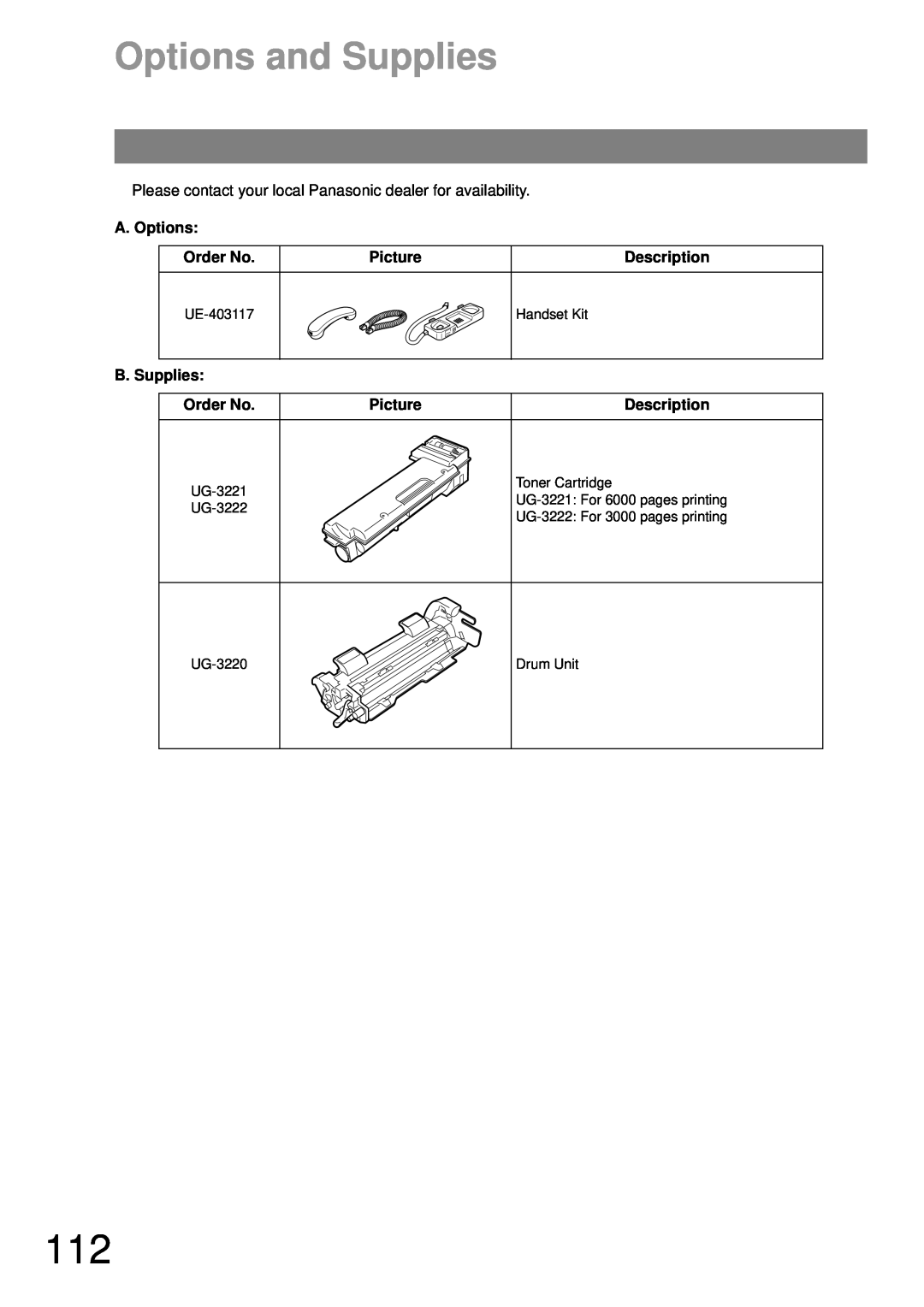 Castelle UF-490 appendix Options and Supplies, A. Options, Order No, Picture, Description, B. Supplies 