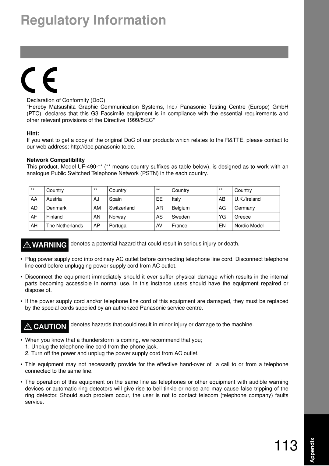 Castelle UF-490 appendix Regulatory Information, Hint, Network Compatibility 