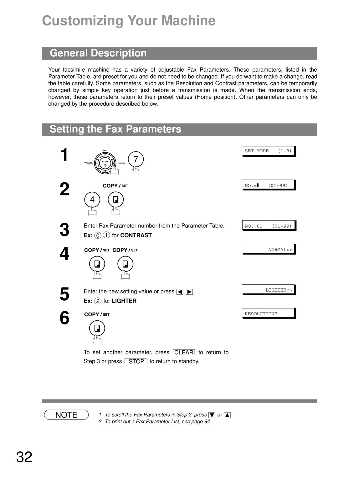 Castelle UF-490 appendix Customizing Your Machine, Setting the Fax Parameters, General Description, Ex 0 1 for CONTRAST 