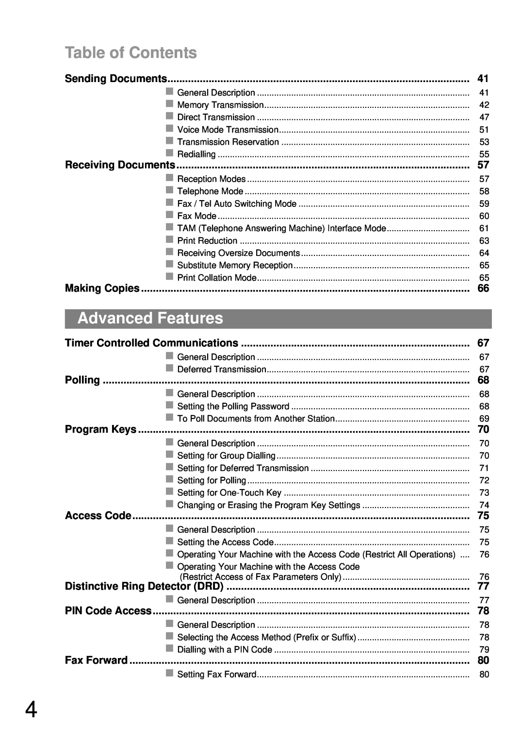 Castelle UF-490 appendix Advanced Features, Table of Contents 