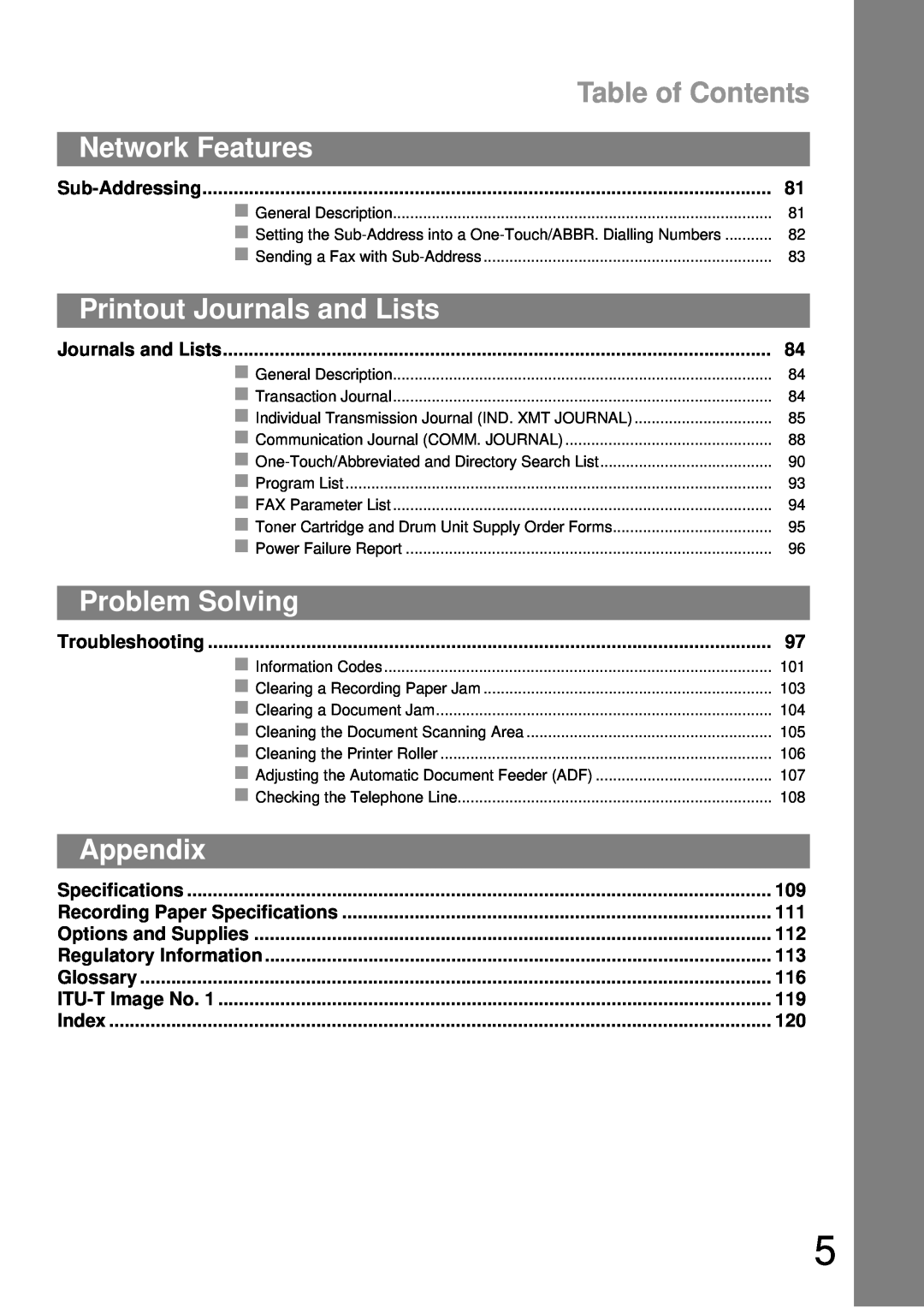 Castelle UF-490 appendix Table of Contents, Network Features, Printout Journals and Lists, Problem Solving, Appendix 