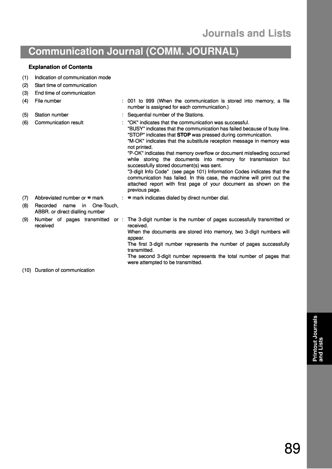 Castelle UF-490 appendix Journals and Lists, Communication Journal COMM. JOURNAL, Explanation of Contents 