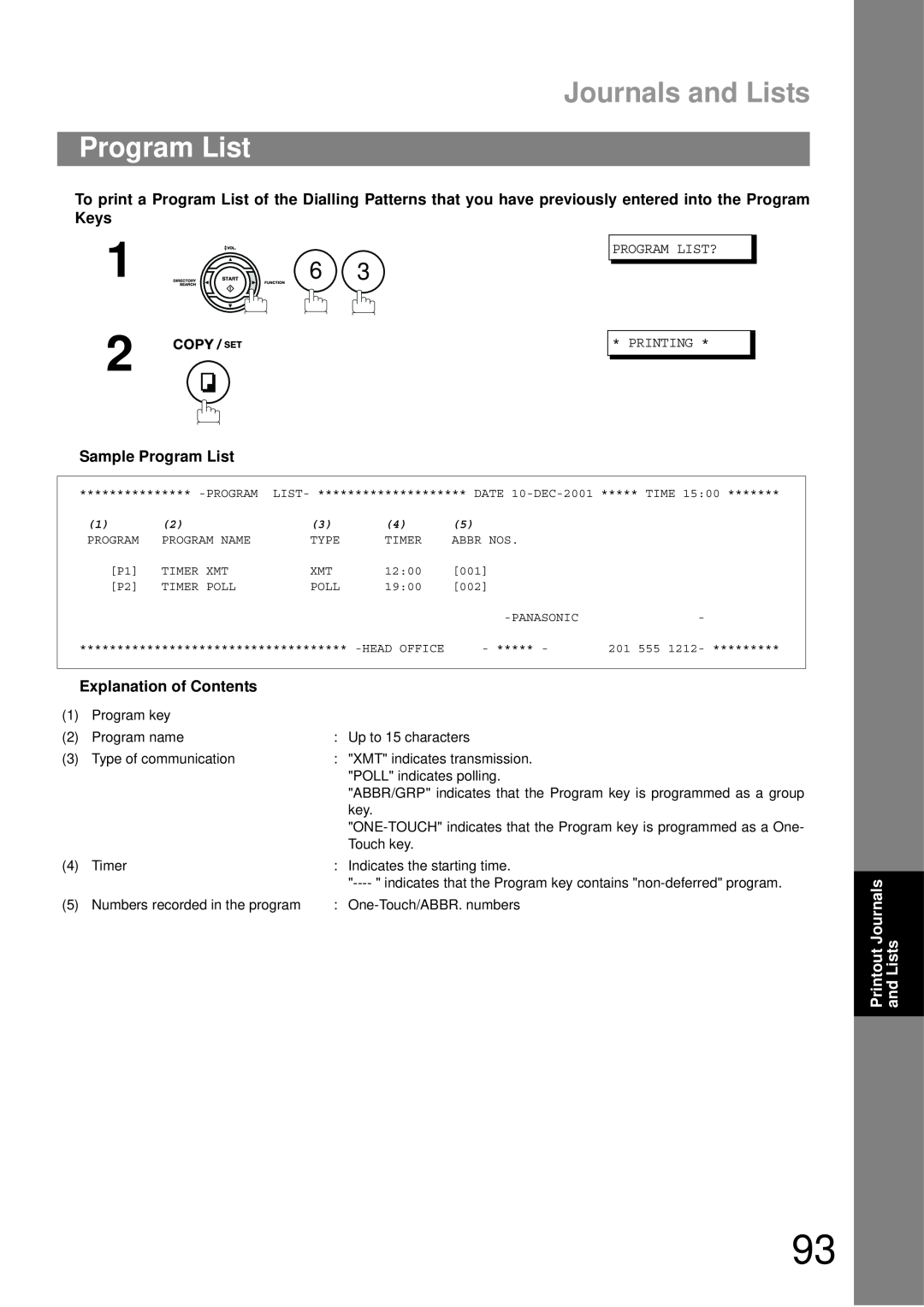 Castelle UF-490 appendix 1 6, Sample Program List, Explanation of Contents, Program List? Printing 